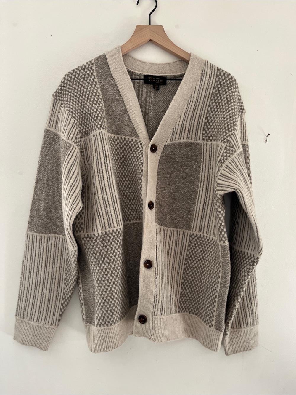 Patchwork oversized Knit Cardigan Sweater - Neutral Gray/Cream button down